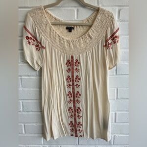 DEAR JOHN  Cream with red embroidery short sleeved top